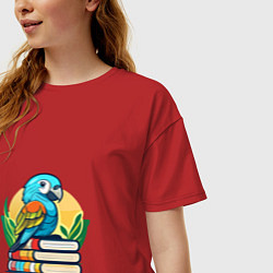 Футболка оверсайз женская Попугай на стопке книг, цвет: красный — фото 2