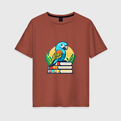 Женская футболка оверсайз Попугай на стопке книг