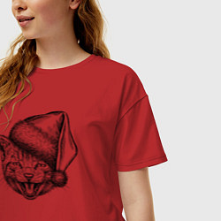 Футболка оверсайз женская Новогодний котенок в колпаке, цвет: красный — фото 2