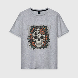 Женская футболка оверсайз Ретро татуировка с цветами и черепом