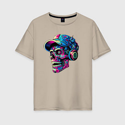 Женская футболка оверсайз Кибер череп чувак в наушниках - нейросеть