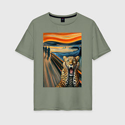 Женская футболка оверсайз Леопард кричит - мем картина от нейросети