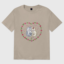 Футболка оверсайз женская Коты в сердечке с розами, цвет: миндальный