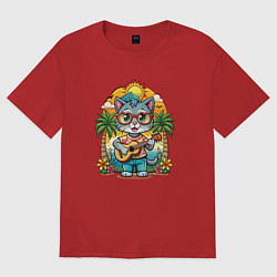 Женская футболка оверсайз Кот играет на гитаре жарким летом