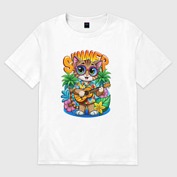 Женская футболка оверсайз Котик играет на гитаре жарким летом