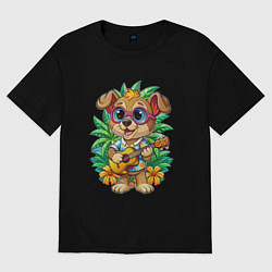 Женская футболка оверсайз Щенок играет на гитаре жарким летом