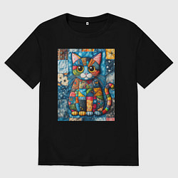 Женская футболка оверсайз Прикольный котик - пэчворк