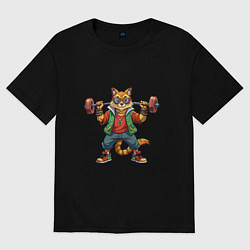 Женская футболка оверсайз Крутой рыжий кото держит гантель