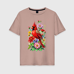 Футболка оверсайз женская Птица красный кардинал среди цветов, цвет: пыльно-розовый