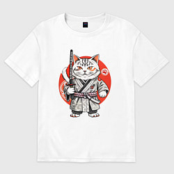 Женская футболка оверсайз Ниндзя кот с саблей красное солнце