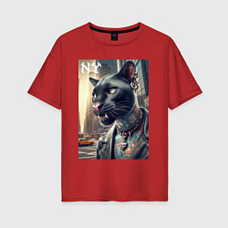 Футболка оверсайз женская Cool dude panther from New York - ai art, цвет: красный