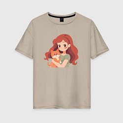 Женская футболка оверсайз Девочка с рыжим котёнком