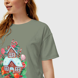 Футболка оверсайз женская Пряничный домик со сладостями и фруктами, цвет: авокадо — фото 2