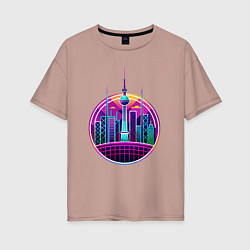 Женская футболка оверсайз Силуэт города в неоновых цветах