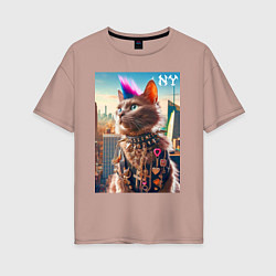 Футболка оверсайз женская Funny cat punk from New York - ai art, цвет: пыльно-розовый