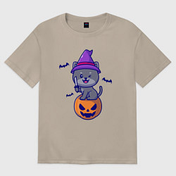 Футболка оверсайз женская Котик и хэллоуин, цвет: миндальный