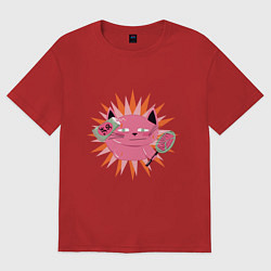 Футболка оверсайз женская Розовый летний кот, цвет: красный