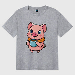 Женская футболка оверсайз Поросенок пьет кофе