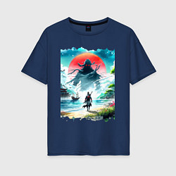 Женская футболка оверсайз Призрак Цусимы - самурай на берегу озера