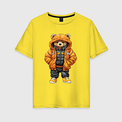 Женская футболка оверсайз Медведь в тёплой куртке