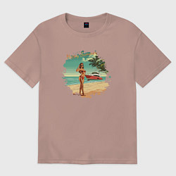 Женская футболка оверсайз Девушка с яхтой на пляже