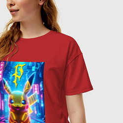 Футболка оверсайз женская Неоновый Пикачу - нейроарт, цвет: красный — фото 2