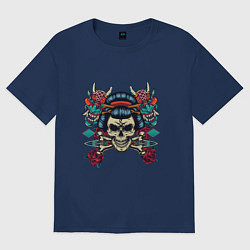 Футболка оверсайз женская Японский череп гейши с демонами, цвет: тёмно-синий