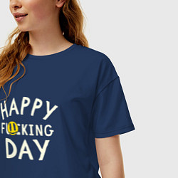 Футболка оверсайз женская Happy f**king day - надпись и смайл, цвет: тёмно-синий — фото 2