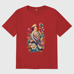 Женская футболка оверсайз Свиристель среди цветов