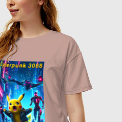 Футболка оверсайз женская Cyberpunk 3088 - Pikachu pursuit - neon glow, цвет: пыльно-розовый — фото 2