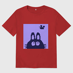 Футболка оверсайз женская Вязаный зайка смотрит на бабочку, цвет: красный