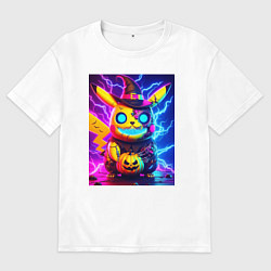 Женская футболка оверсайз Пикачу киберпанк зомби - неоновое свечение
