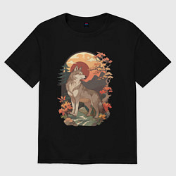 Женская футболка оверсайз Волк в лесу в японском стиле