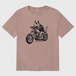 Женская футболка оверсайз Бультерьер байкер на мотоцикле чоппере