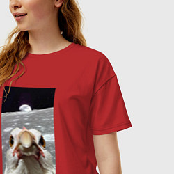 Футболка оверсайз женская Курица селфи на луне, цвет: красный — фото 2
