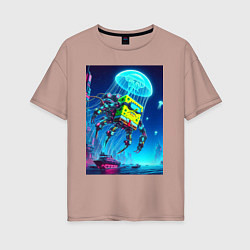 Футболка оверсайз женская Краб Губка Боб в мегаполисе - киберпанк, цвет: пыльно-розовый