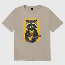 Футболка оверсайз женская Енот рокер играет на гитаре, цвет: миндальный