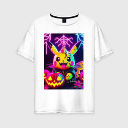 Женская футболка оверсайз Зомби Пикачу с тыквой - неоновое свечение