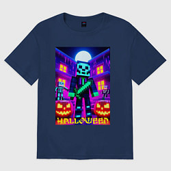 Футболка оверсайз женская Halloween and Minecraft - neon collaboration, цвет: тёмно-синий