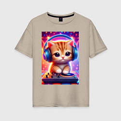 Футболка оверсайз женская Cutie kitten DJ - neon glow, цвет: миндальный