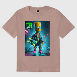 Женская футболка оверсайз Барт Симпсон со скейтбордом под проливным дождём -