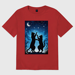 Футболка оверсайз женская Танцующие коты под звёздным небом, цвет: красный