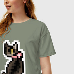 Футболка оверсайз женская Милая пиксельная кошка с розовым ошейником, цвет: авокадо — фото 2