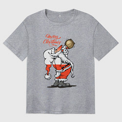 Женская футболка оверсайз Санта Клаус наполняет себя вином