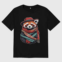 Женская футболка оверсайз Красная панда в шляпе и шарфе