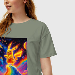 Футболка оверсайз женская Огненный Пикачу на волне - нейроарт фантазия, цвет: авокадо — фото 2