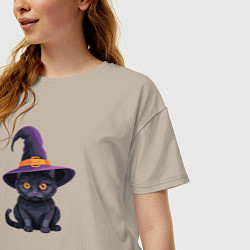 Футболка оверсайз женская Черный кот в шляпе, цвет: миндальный — фото 2