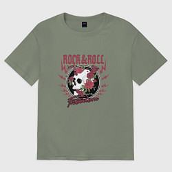 Женская футболка оверсайз Рок н ролл череп и цветы