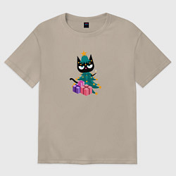 Женская футболка оверсайз Черный кот в костюме новогодней елки