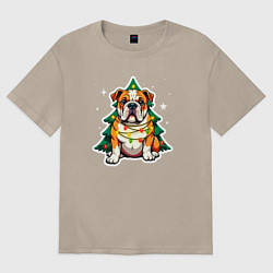 Женская футболка оверсайз Новогодний бульдог запутался в гирлянде